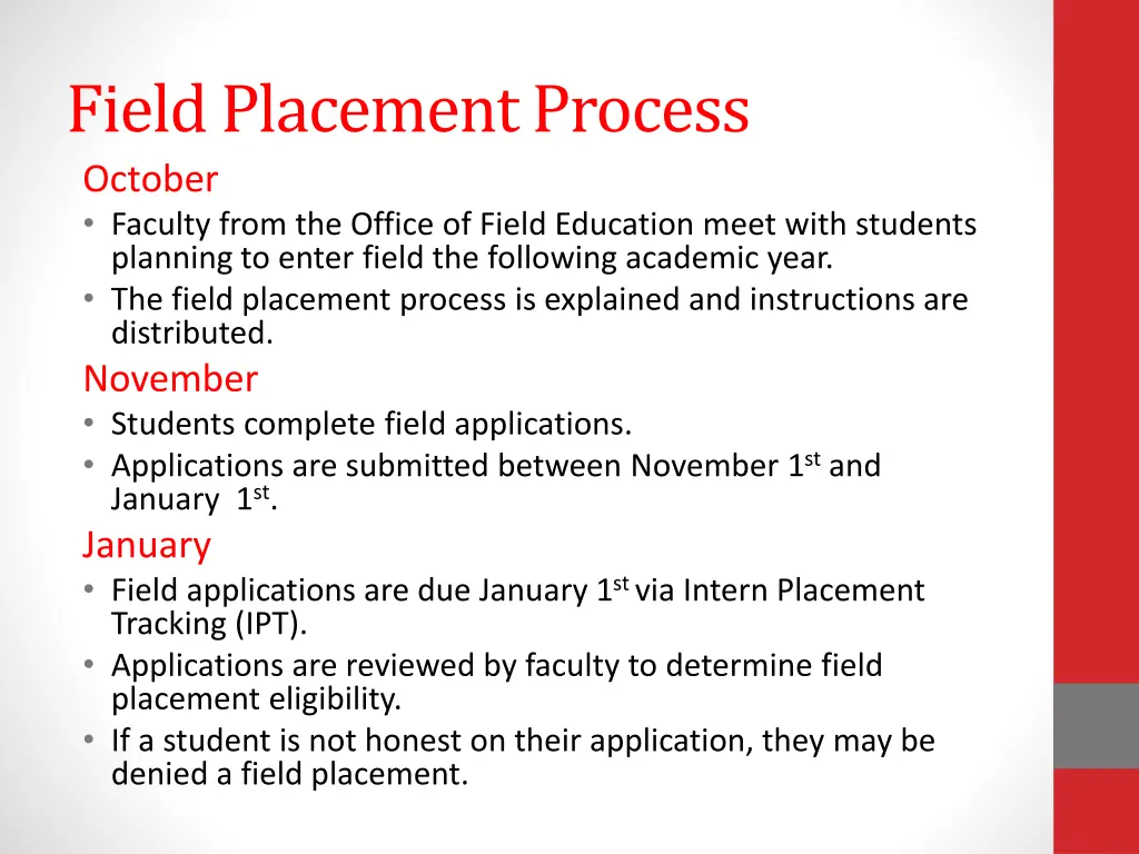 field placement process october faculty from