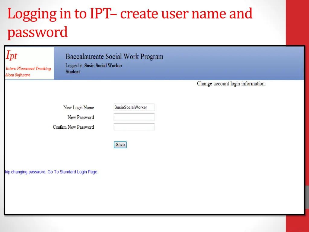 logging in to ipt create user name and password
