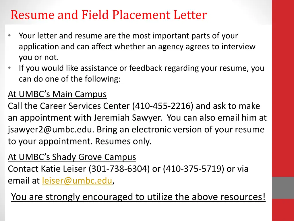 resume and field placement letter