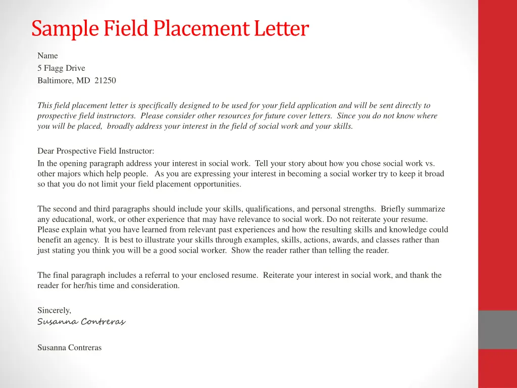 sample field placement letter