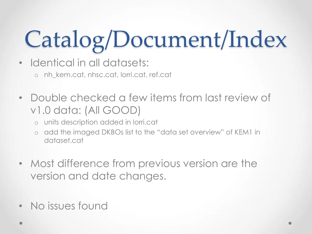 catalog document index identical in all datasets