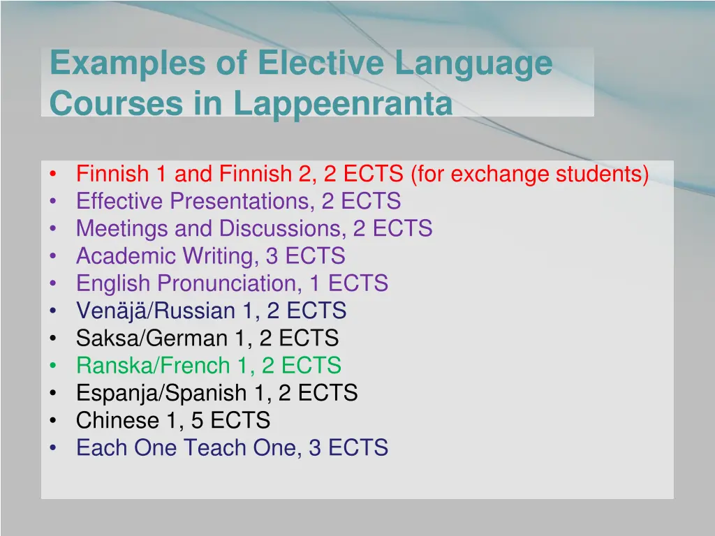 examples of elective language courses