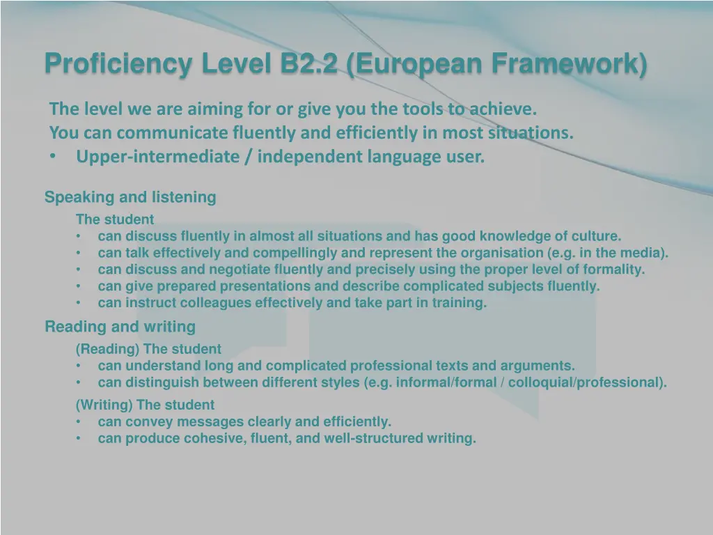proficiency level b2 2 european framework