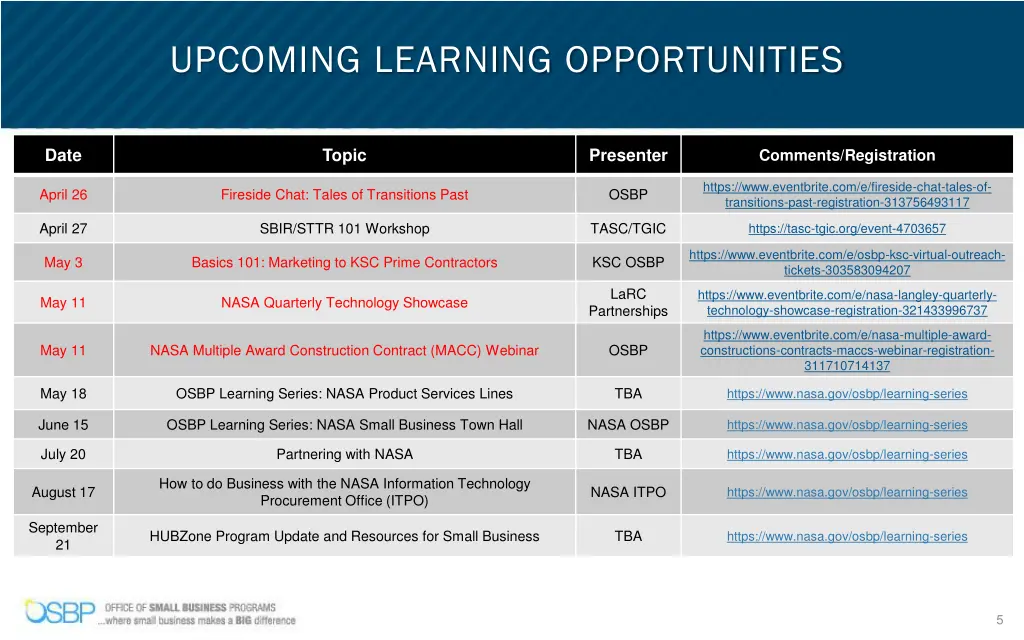 upcoming learning opportunities