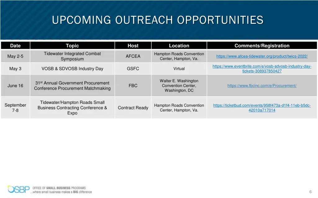 upcoming outreach opportunities