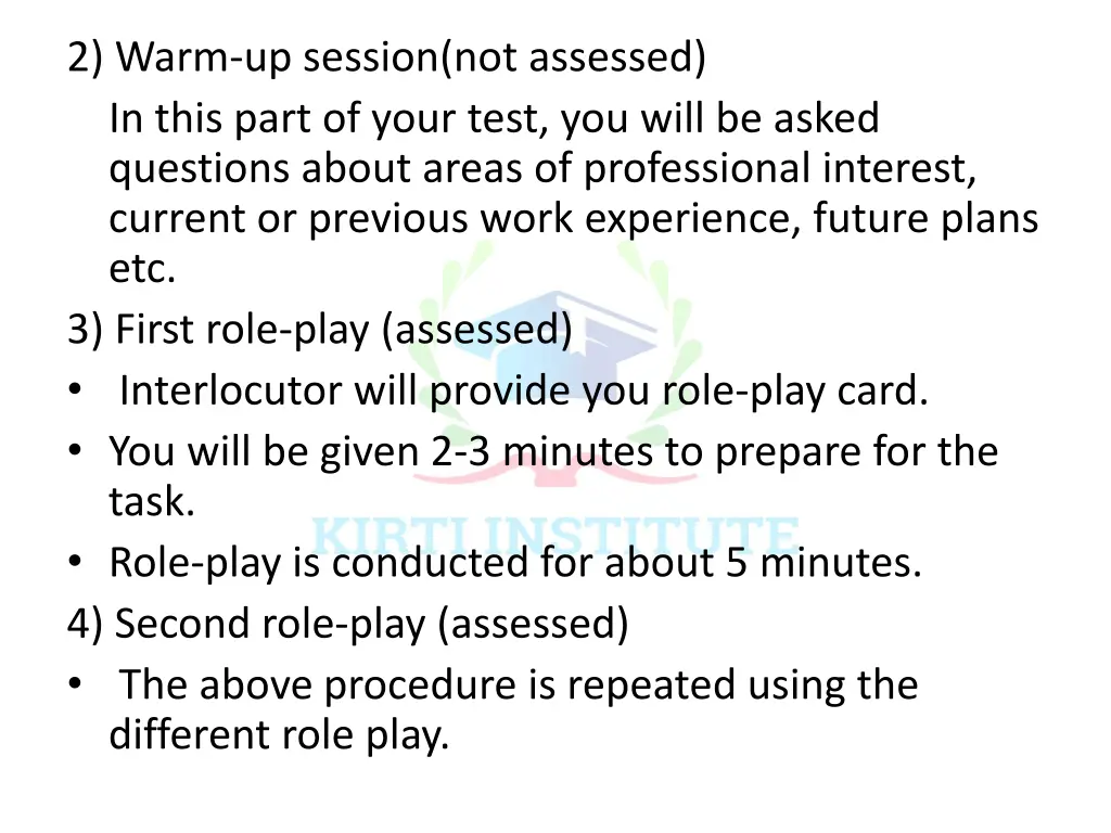 2 warm up session not assessed in this part