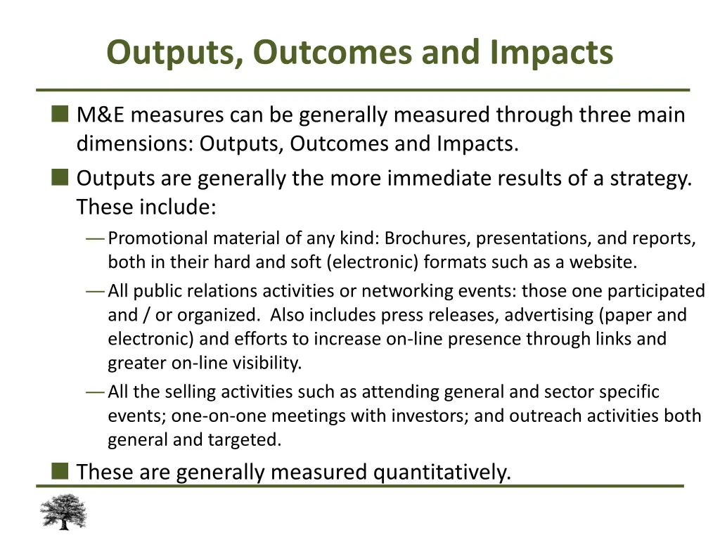 outputs outcomes and impacts m e measures