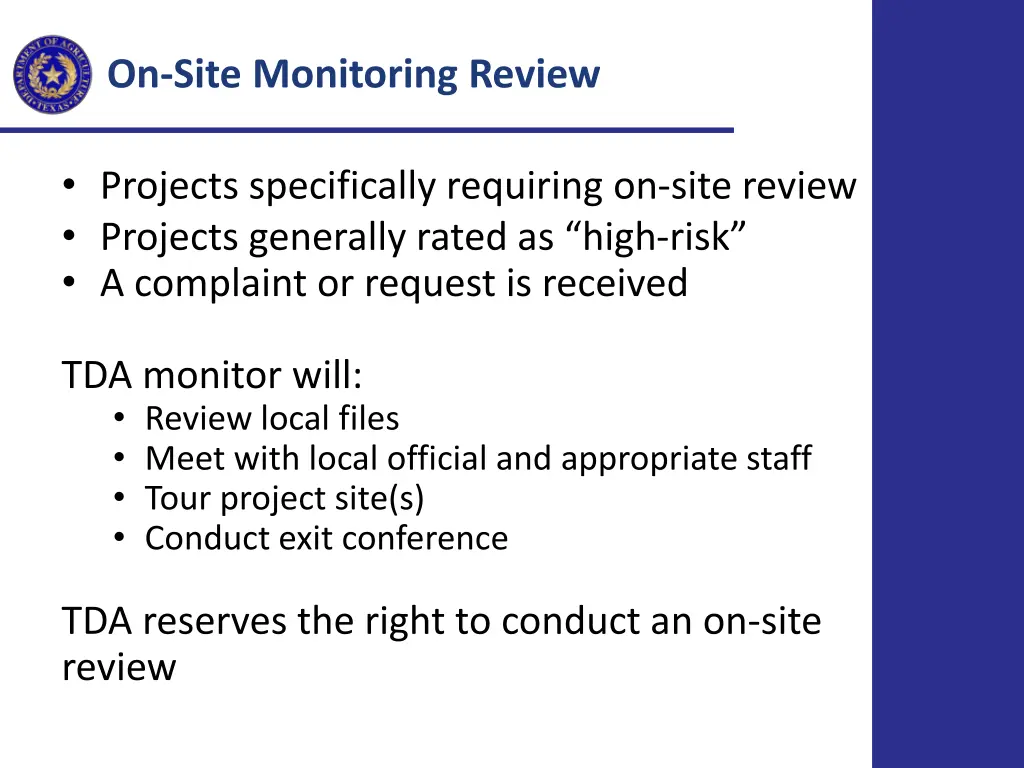 on site monitoring review