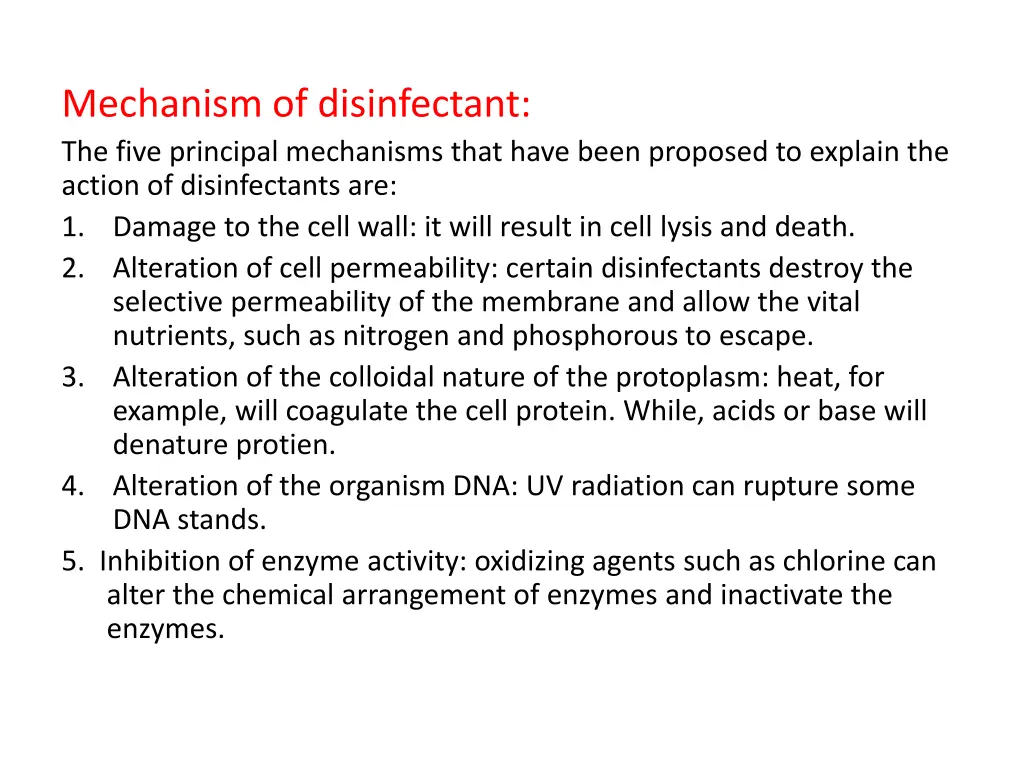mechanism of disinfectant the five principal