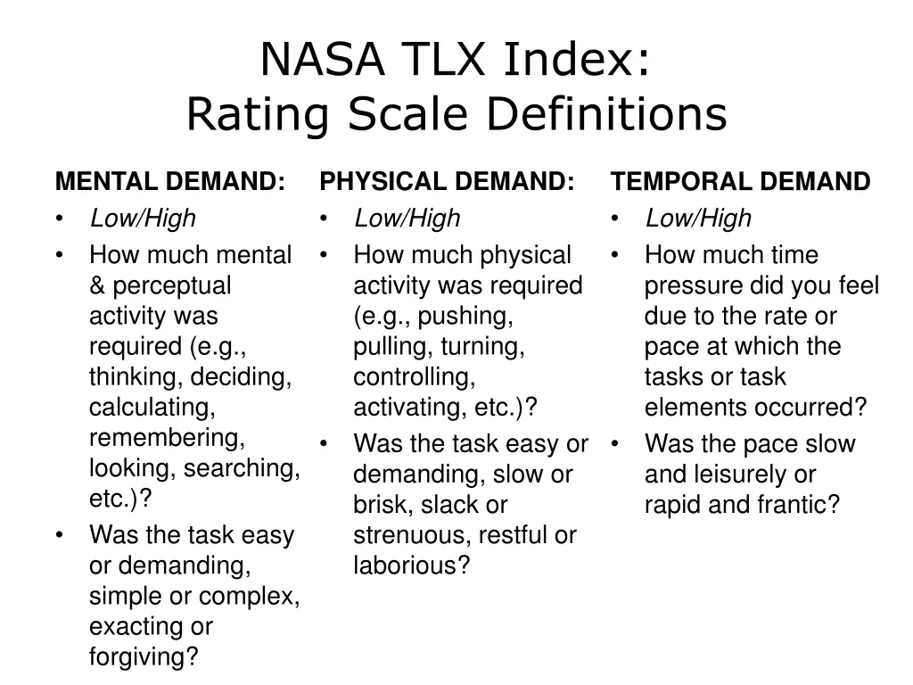 nasa tlx index rating scale definitions