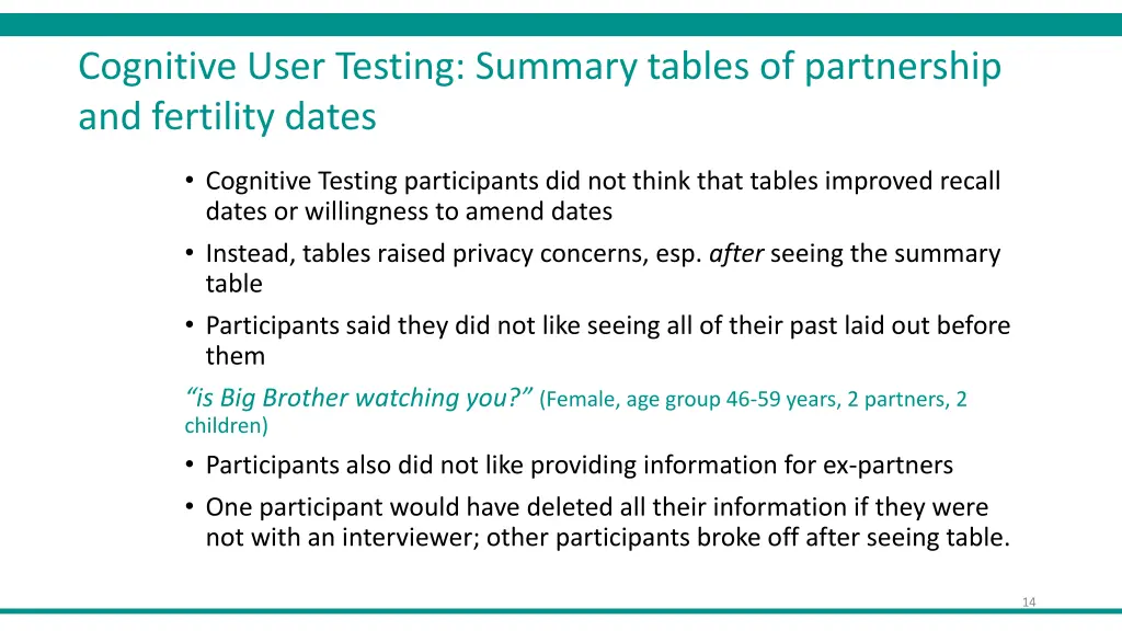 cognitive user testing summary tables 2