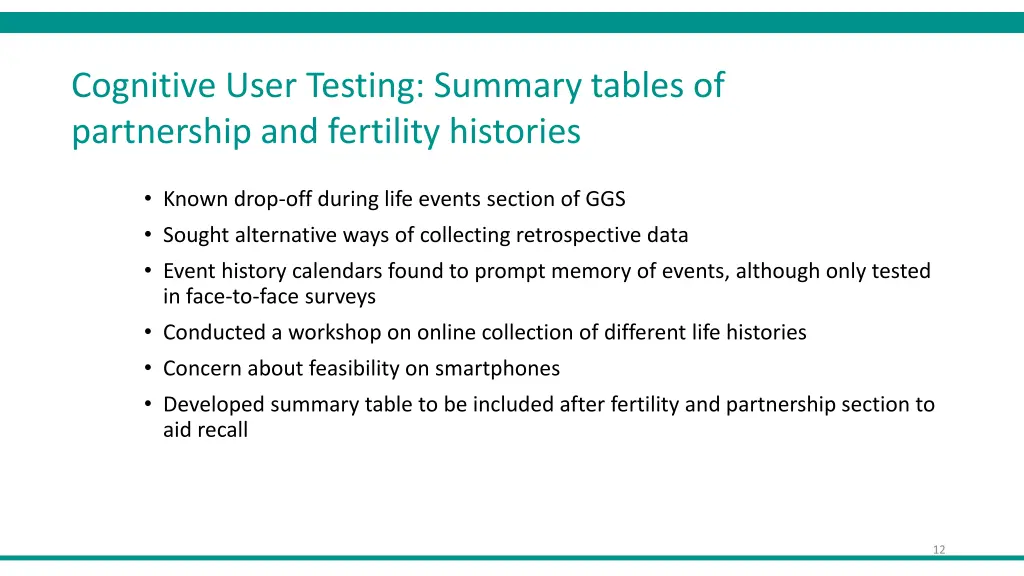 cognitive user testing summary tables