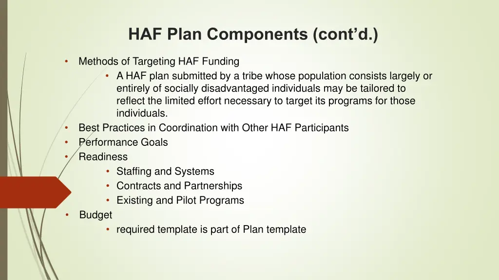 haf plan components cont d
