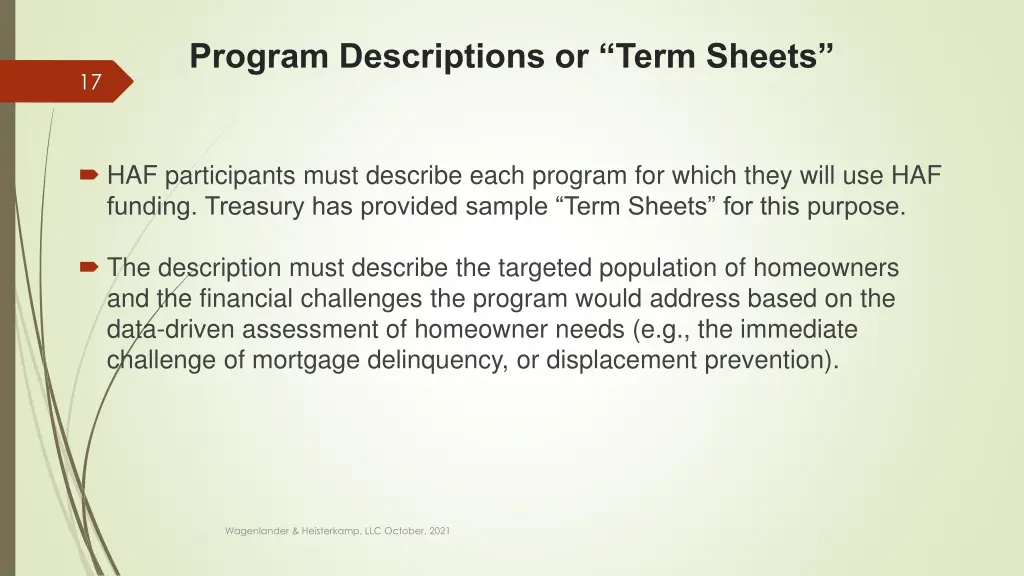 program descriptions or term sheets