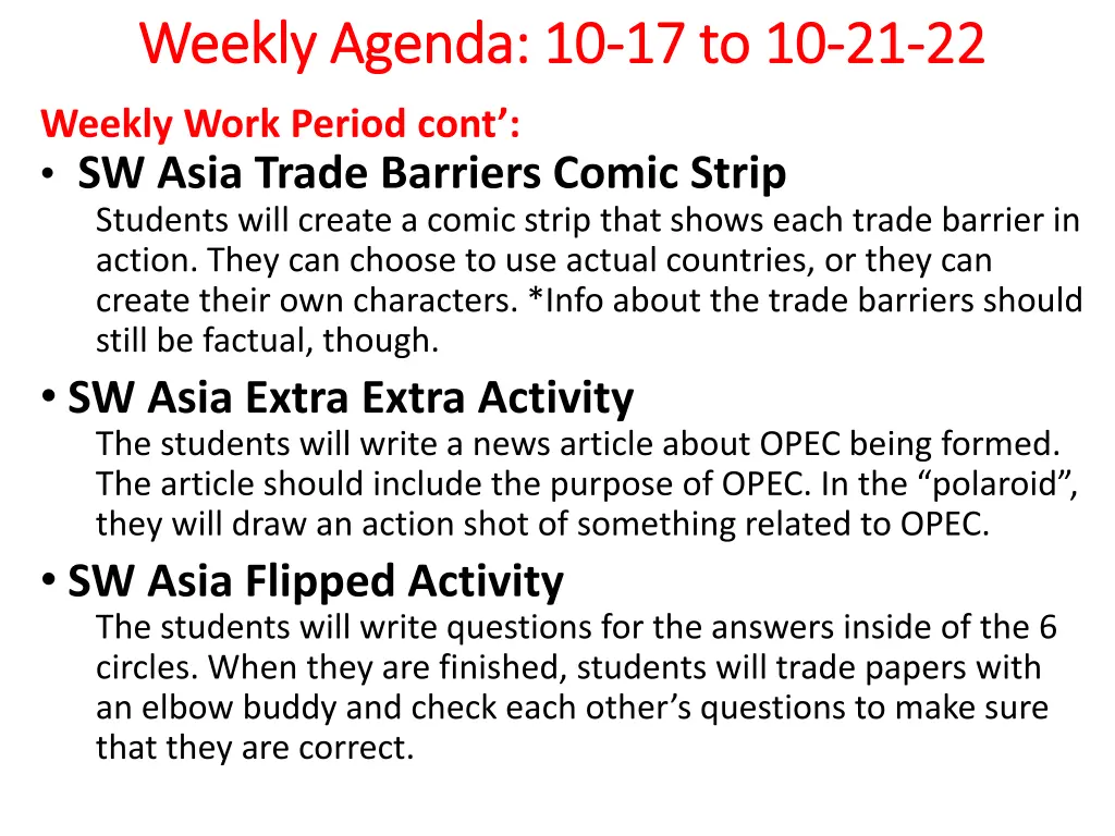 weekly agenda 10 weekly agenda 10 17 to 10