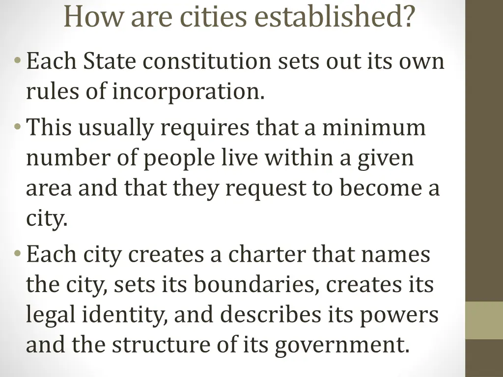 how are cities established each state