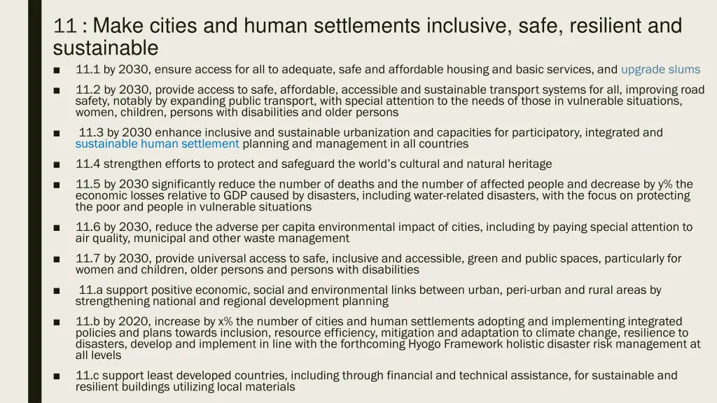 11 make cities and human settlements inclusive