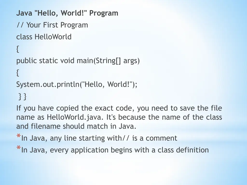 java hello world program your first program class