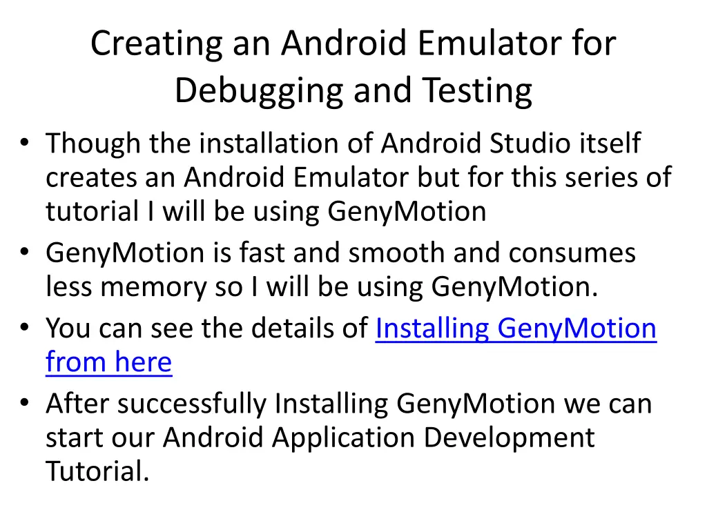 creating an android emulator for debugging