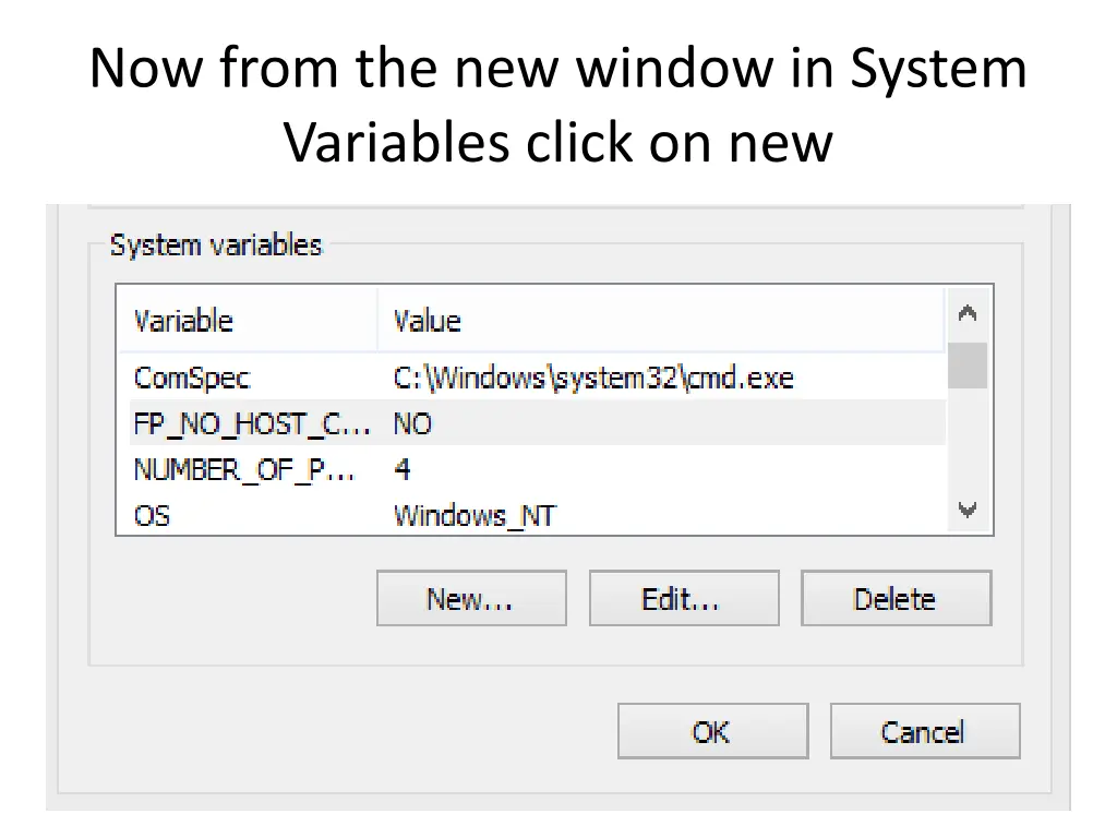 now from the new window in system variables click