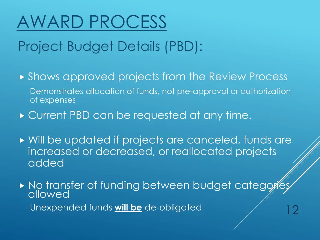 award process project budget details pbd