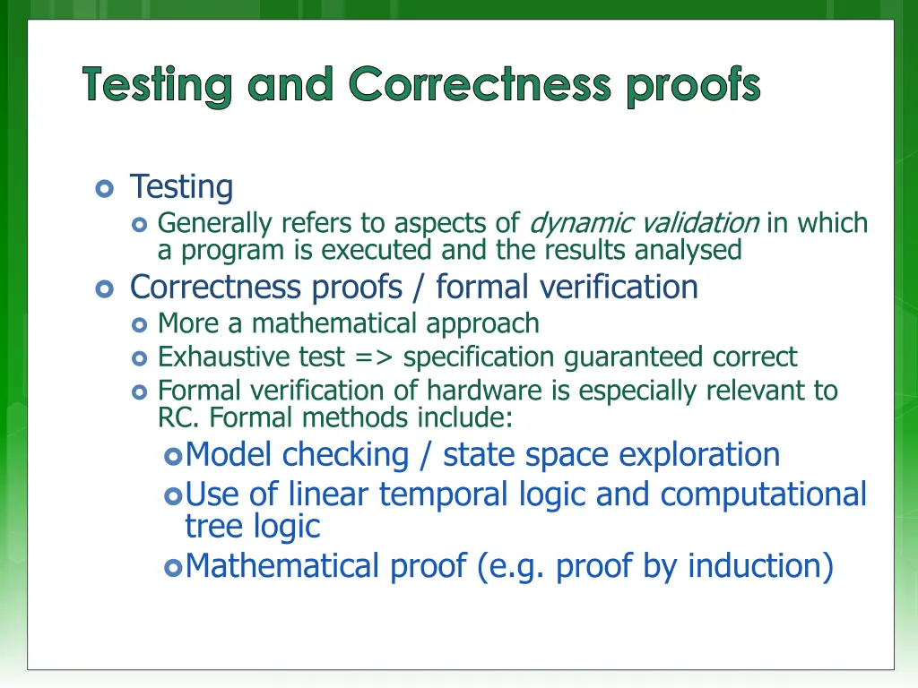 testing and correctness proofs
