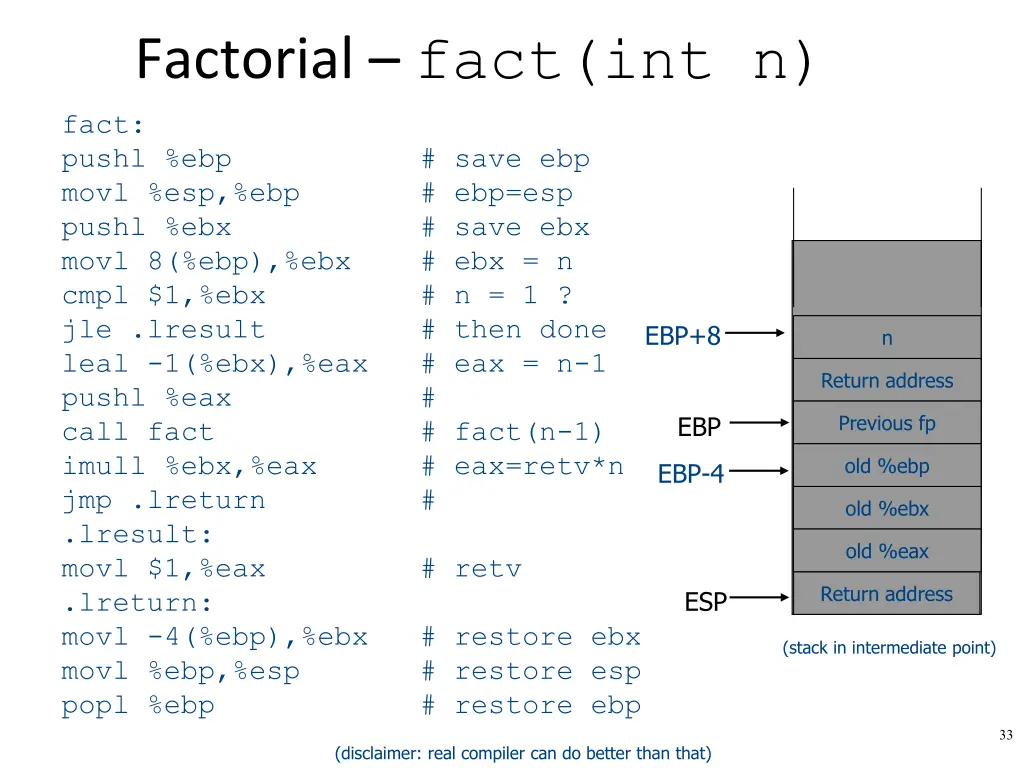 factorial fact int n fact pushl ebp save ebp movl