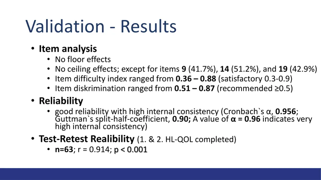 validation results item analysis no floor effects