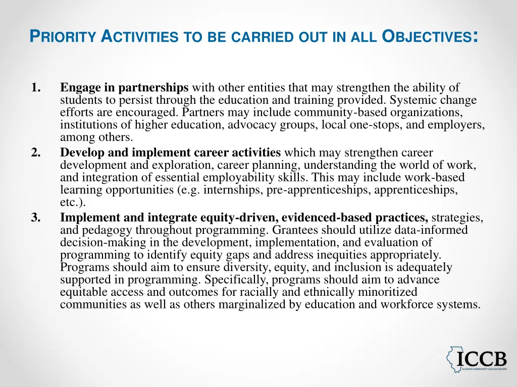 p riority a ctivities to be carried