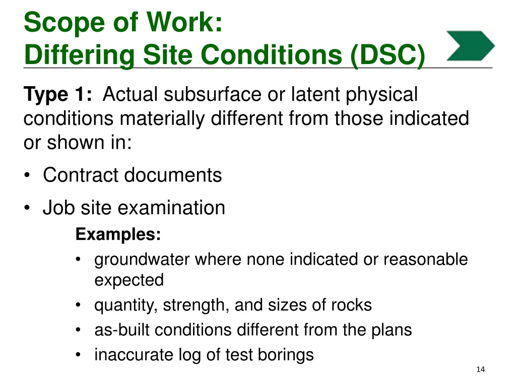 scope of work differing site conditions dsc