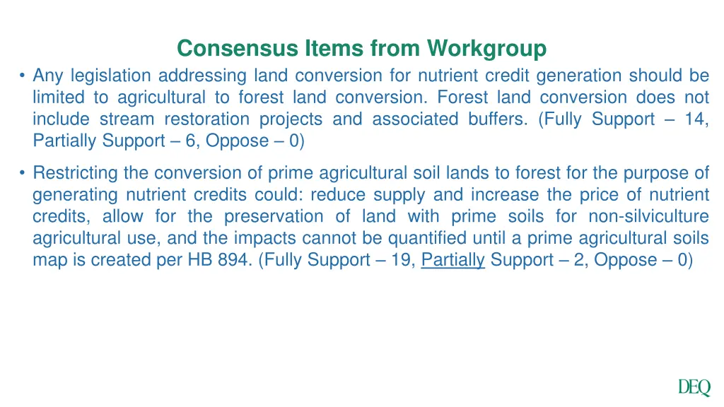 consensus items from workgroup any legislation
