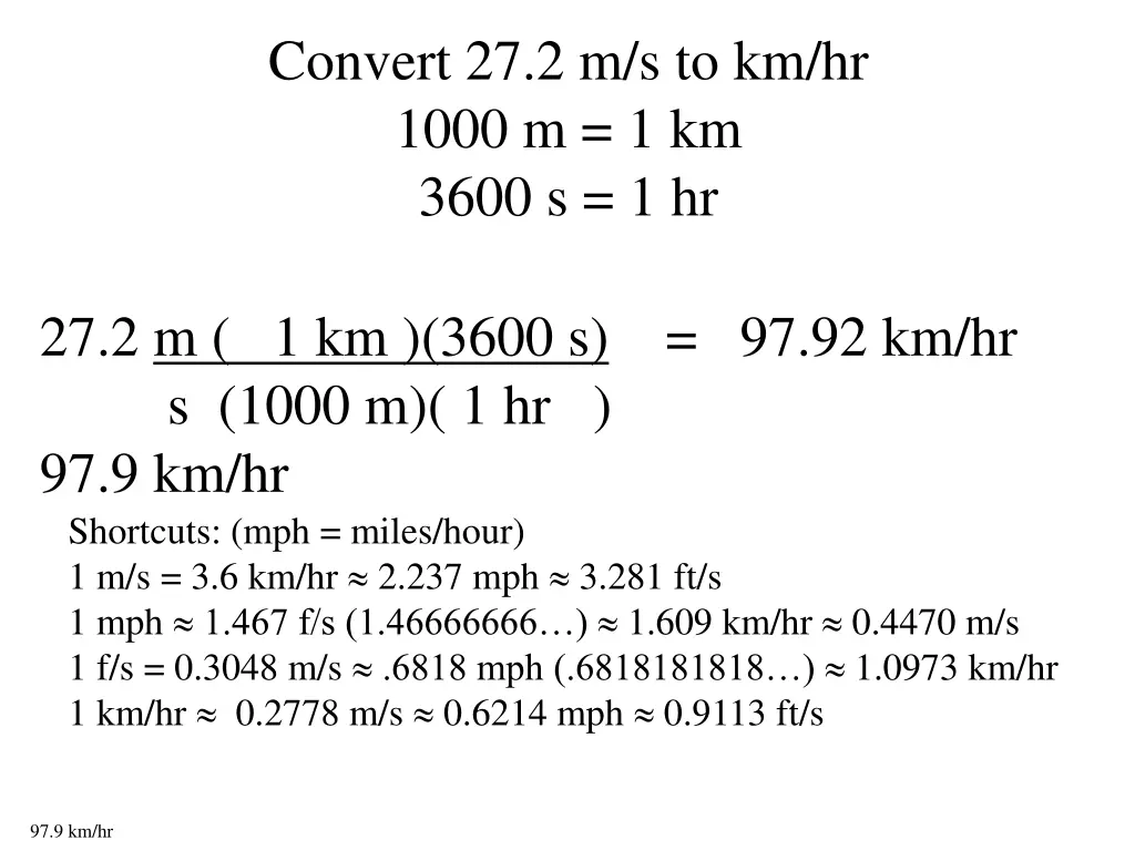 convert 27 2 m s to km hr 1000 m 1 km 3600 s 1 hr