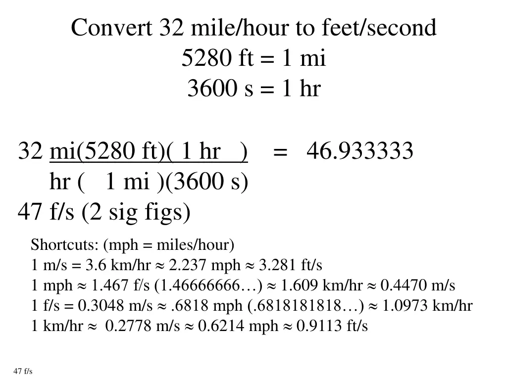 convert 32 mile hour to feet second 5280