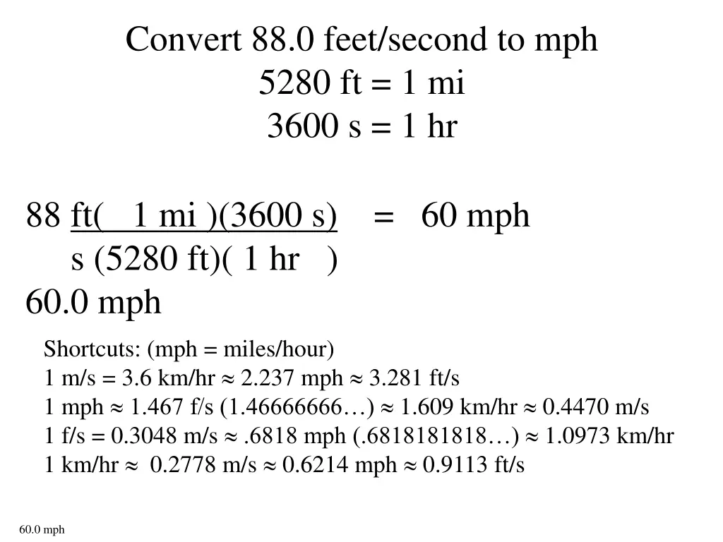 convert 88 0 feet second to mph 5280 ft 1 mi 3600