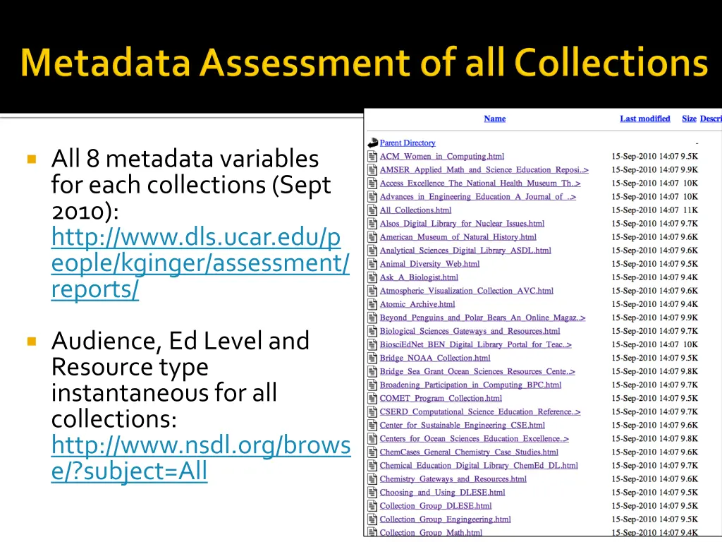 all 8 metadata variables for each collections