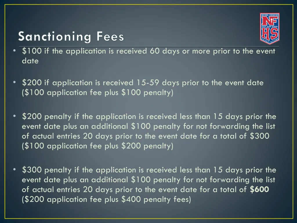 sanctioning fees 100 if the application