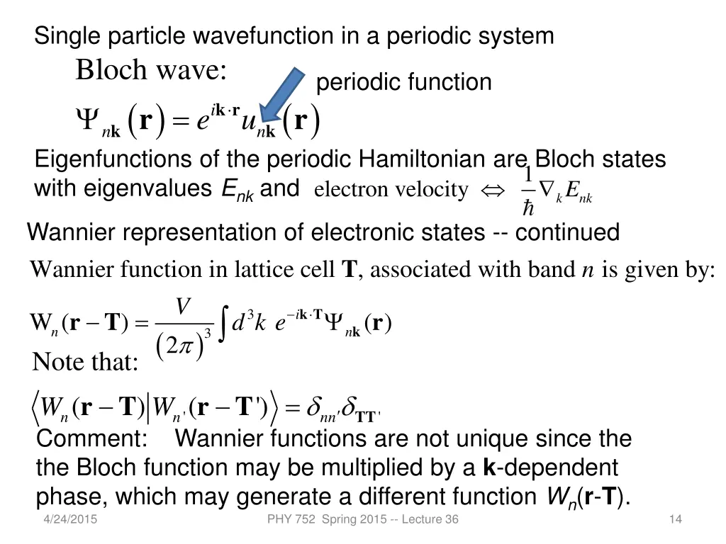 single particle wavefunction in a periodic system
