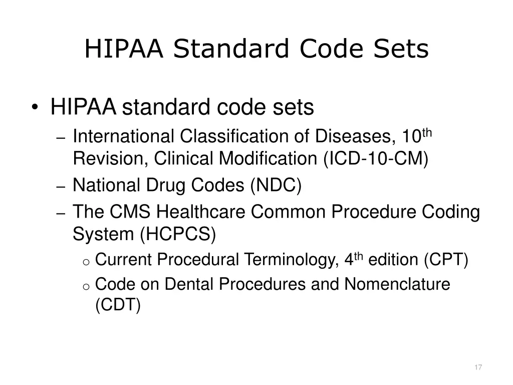 hipaa standard code sets