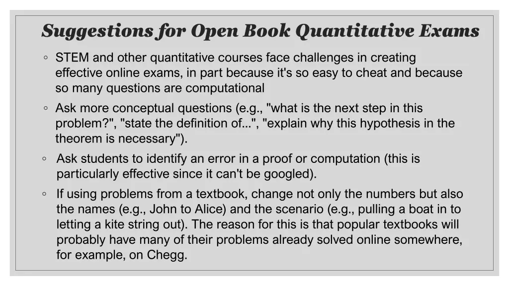 suggestions for open book quantitative exams