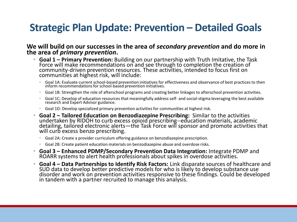 strategic plan update prevention detailed goals