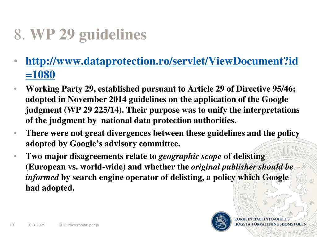 8 wp 29 guidelines