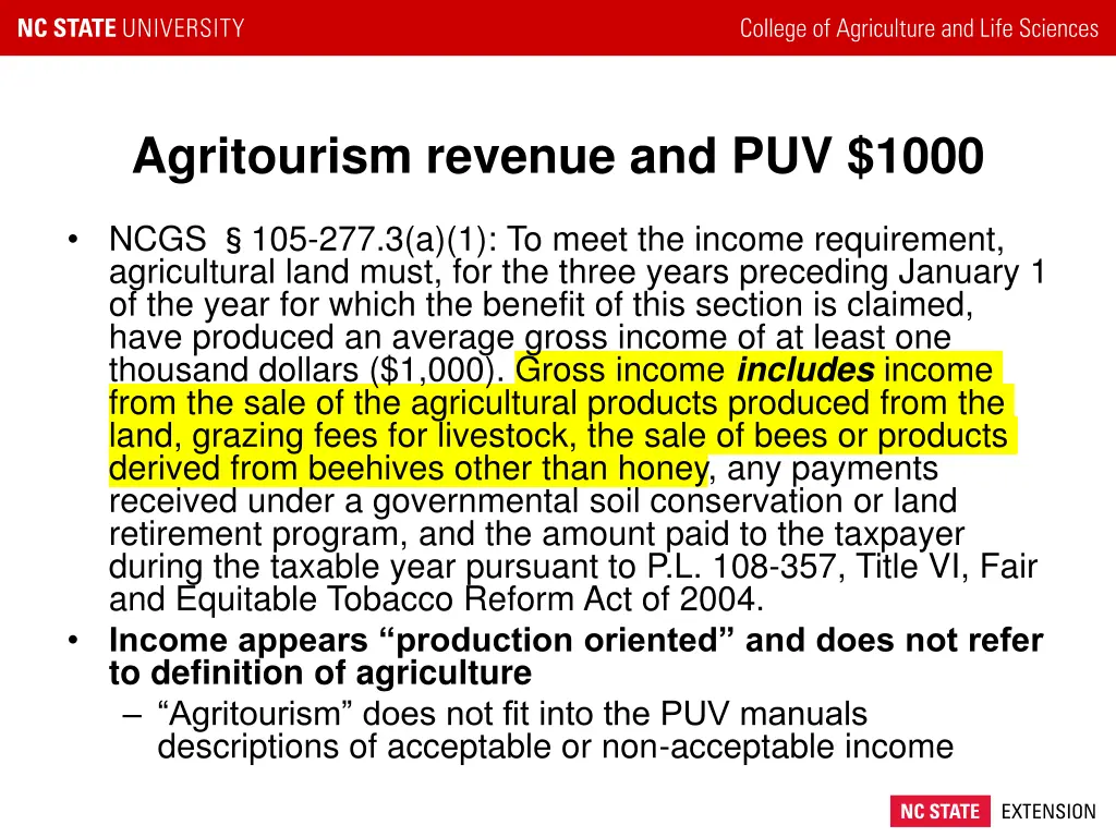 agritourism revenue and puv 1000