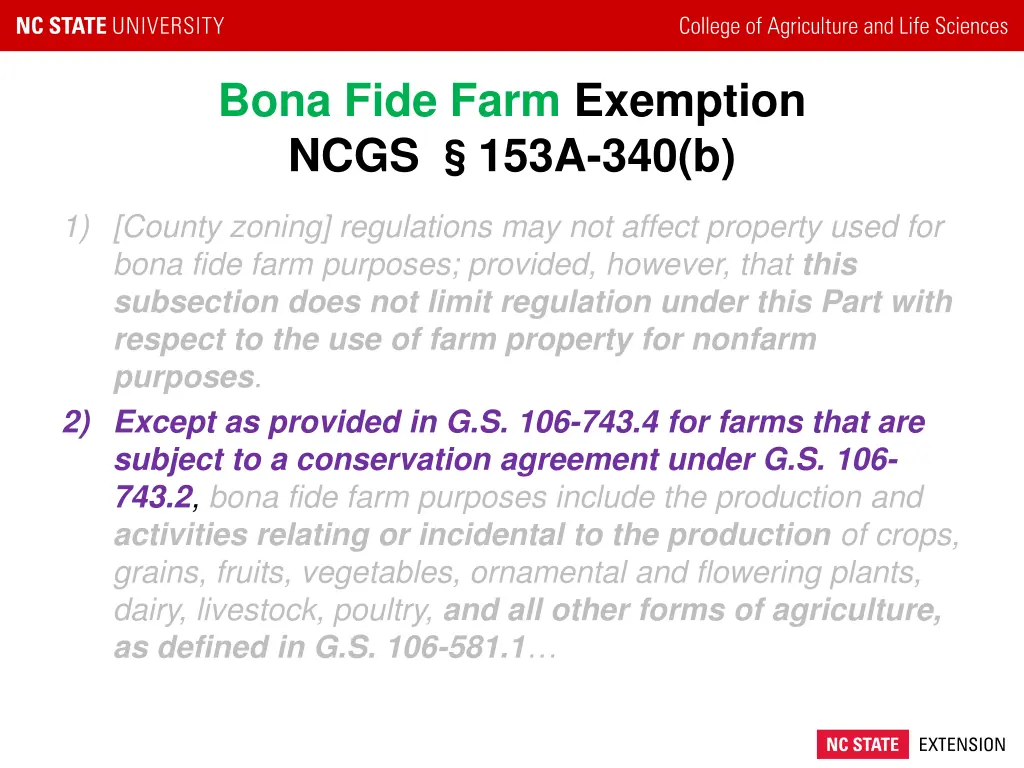 bona fide farm exemption ncgs 153a 340 b 1