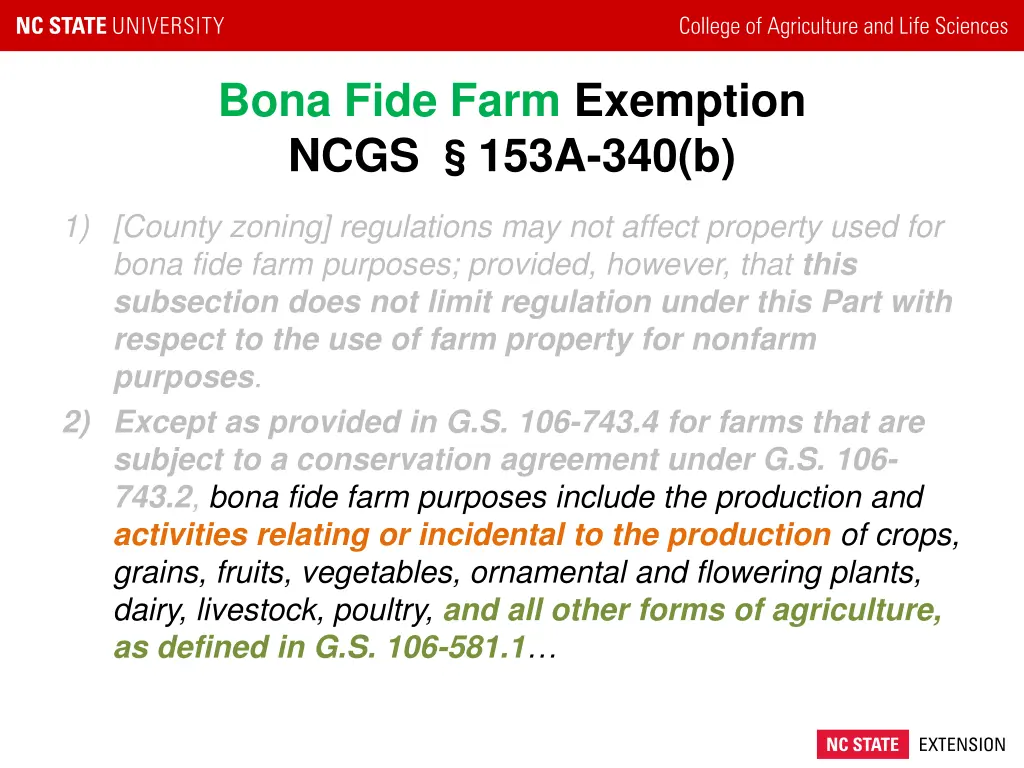 bona fide farm exemption ncgs 153a 340 b 2