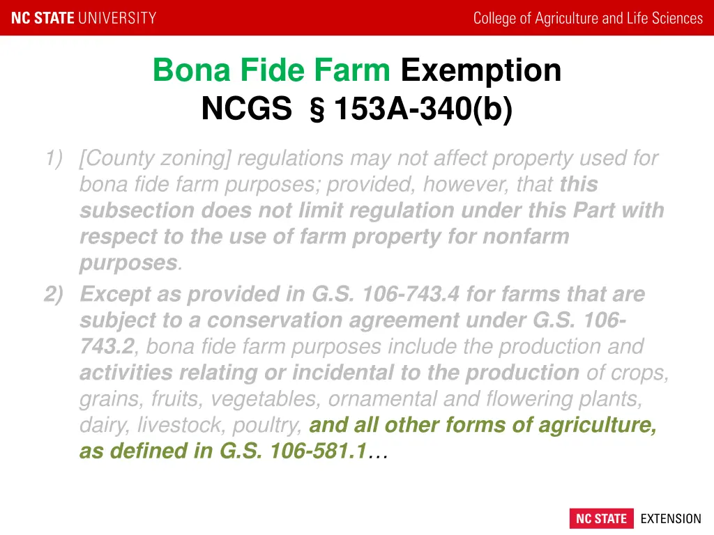 bona fide farm exemption ncgs 153a 340 b 3