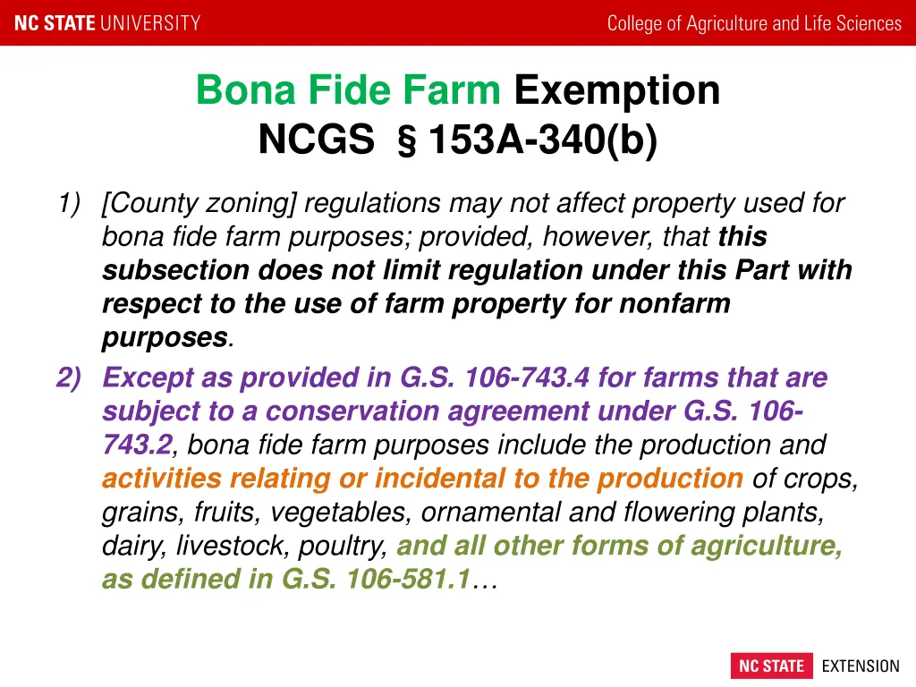 bona fide farm exemption ncgs 153a 340 b