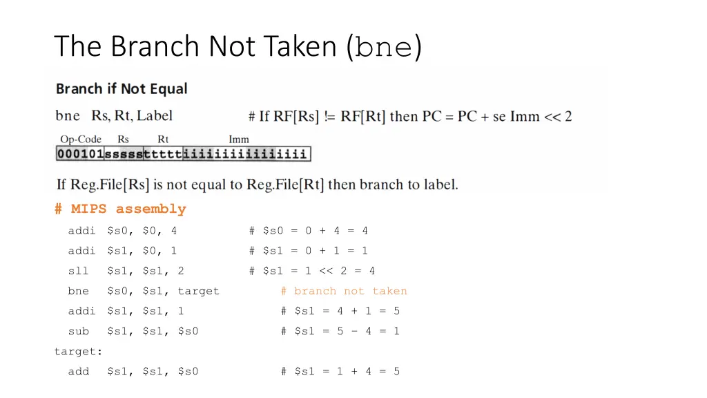 the branch not taken bne