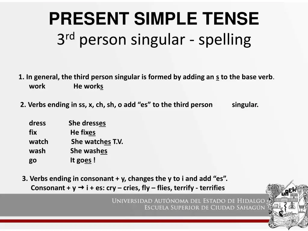 present simple tense 3 rd person singular spelling