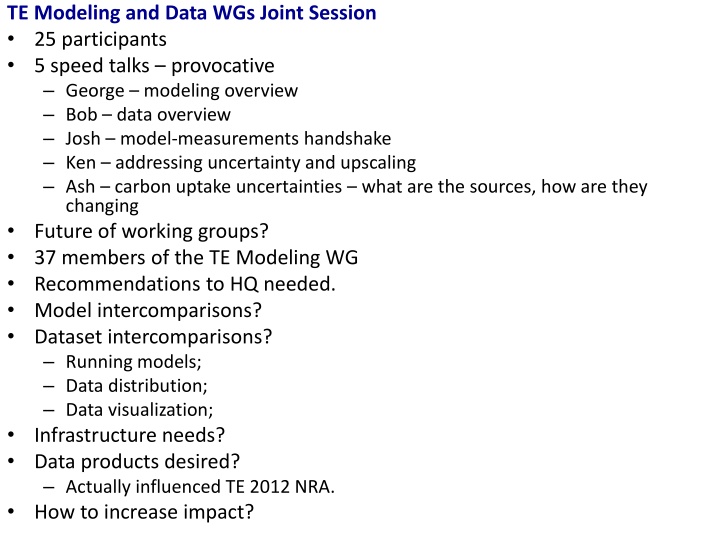 te modeling and data wgs joint session