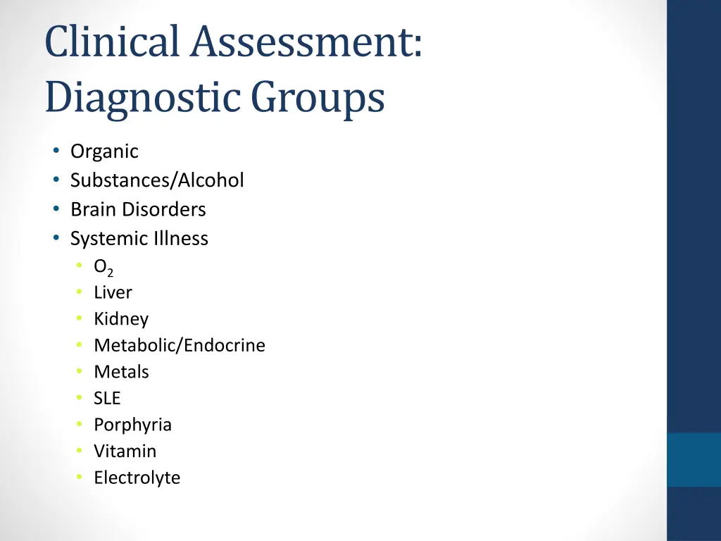 clinical assessment diagnostic groups